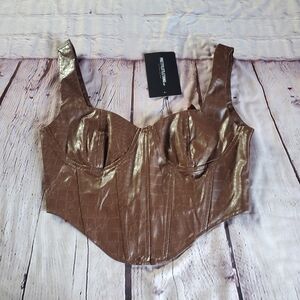 Pretty Little Thing PLT Chocolate Brown Croco Faux Leather Corset Top Sexy Sz 2